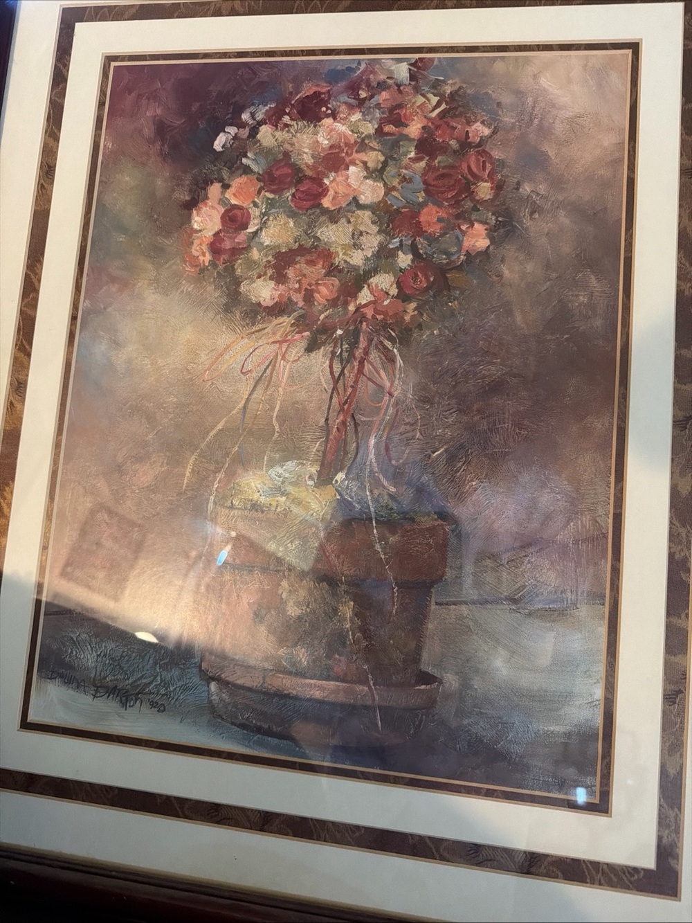 Framed Floral Bouquet Oil-Style Print in Warm Tones